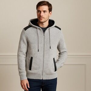 Nick Danger Men's Gray Knit Zip Hoodie‎ Sherpa Lined Faux Leather Trim Size M